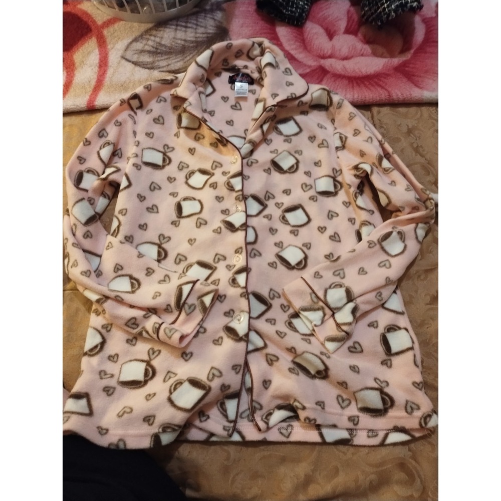 Angelina Pink Fleece Pajama Top Button Front Collared Hearts Coffee Womens S